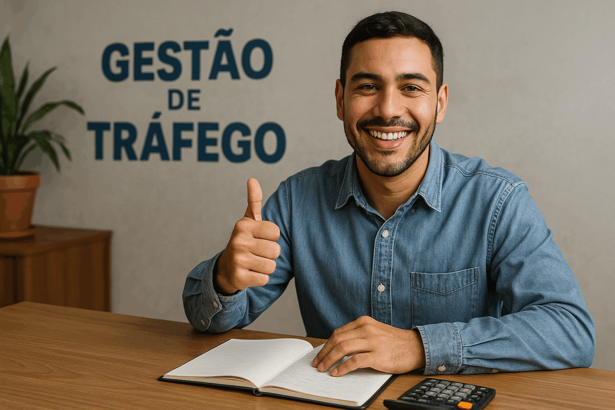Profissional brasileiro sorridente em escritório moderno, mostrando sinal de positivo ao lado do texto “Gestão de Tráfego”, representando autoridade em marketing digital no Brasil