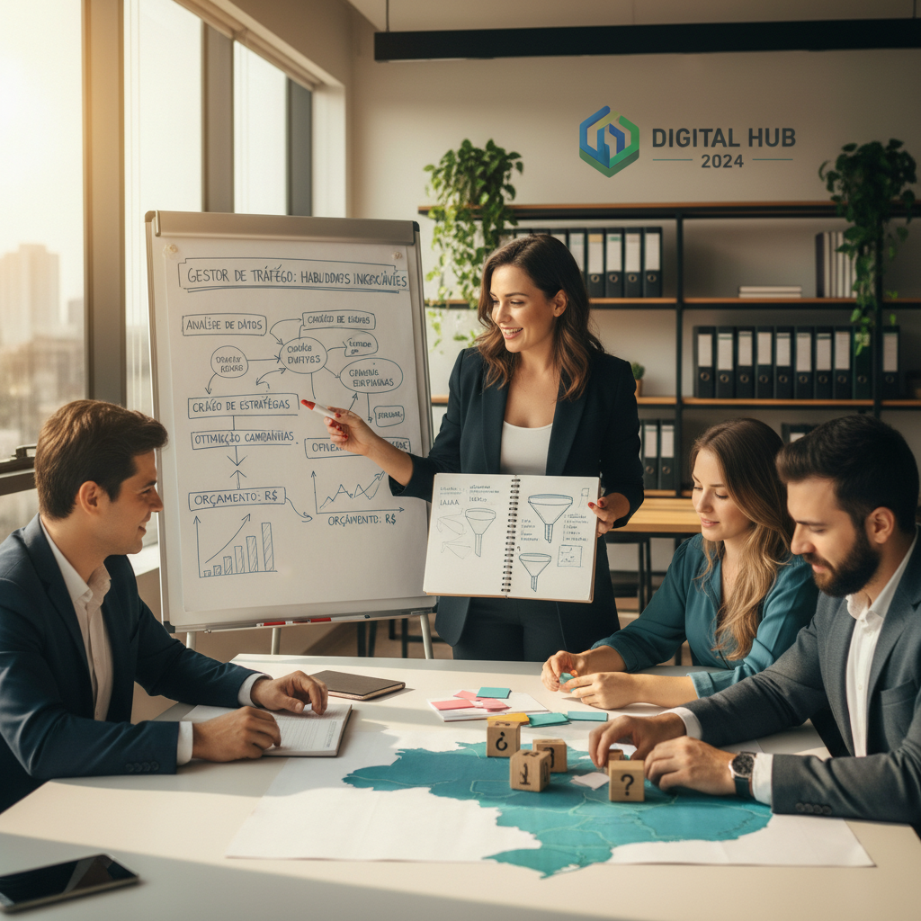 infográfico mostrando as principais competências técnicas e estratégicas do gestor de tráfego