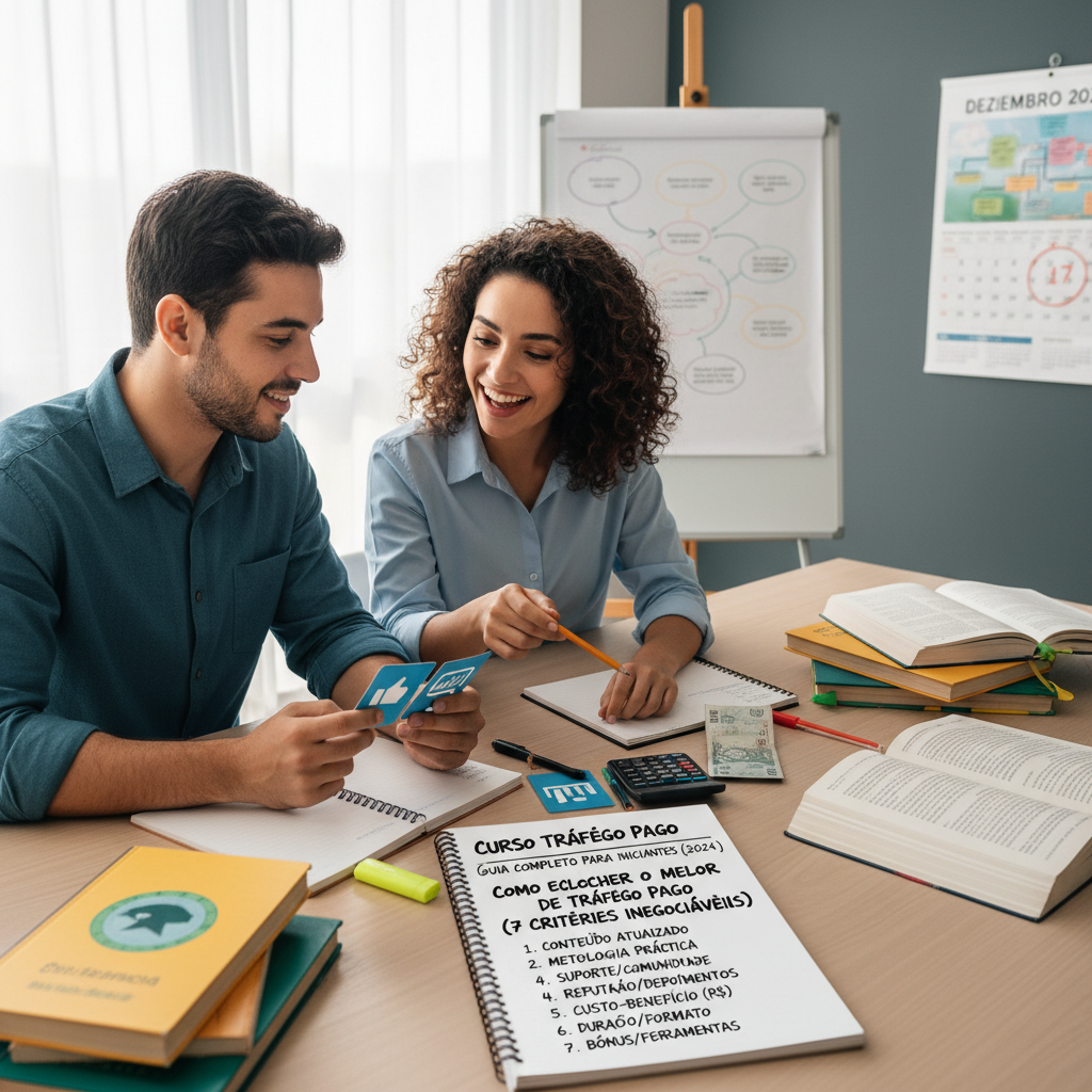 Checklist visual com sete critérios para escolher curso tráfego pago de qualidade