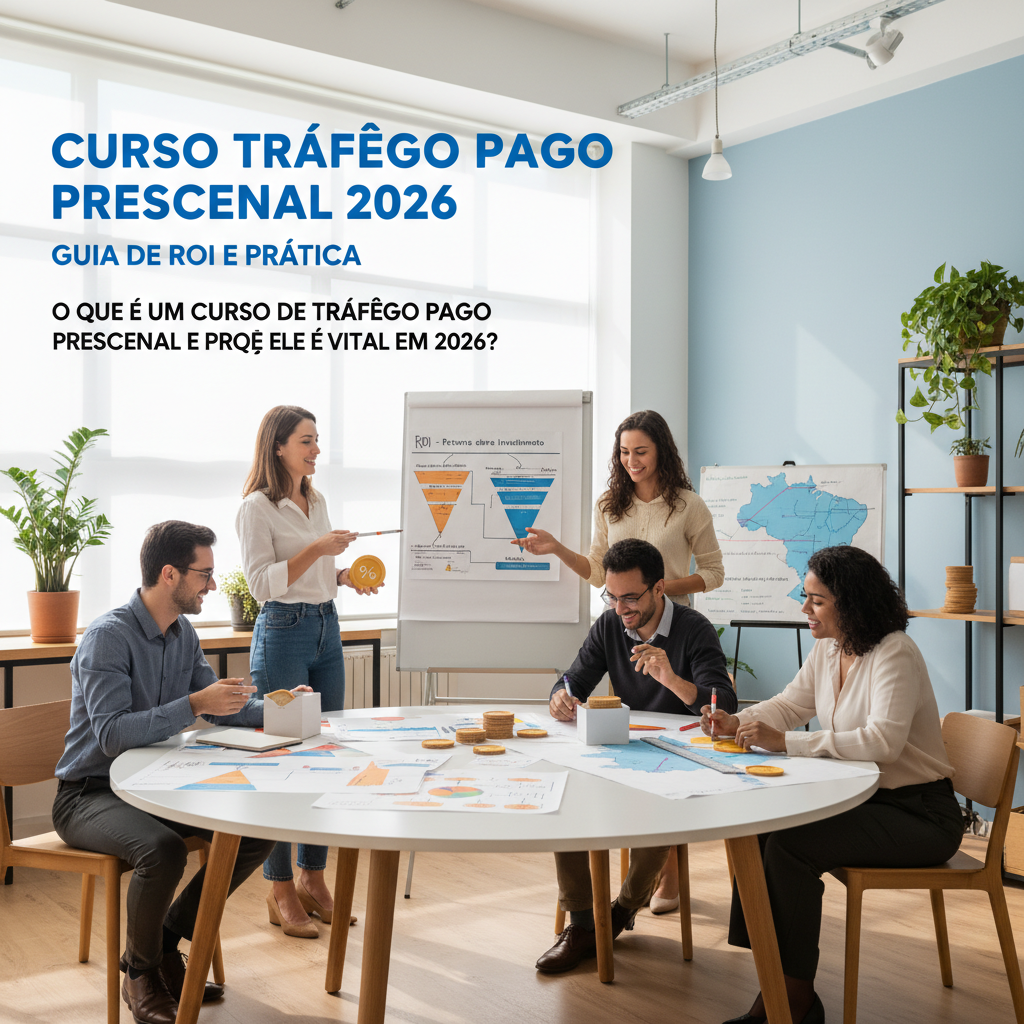 Especialista ensinando curso de trafego pago presencial em ambiente corporativo