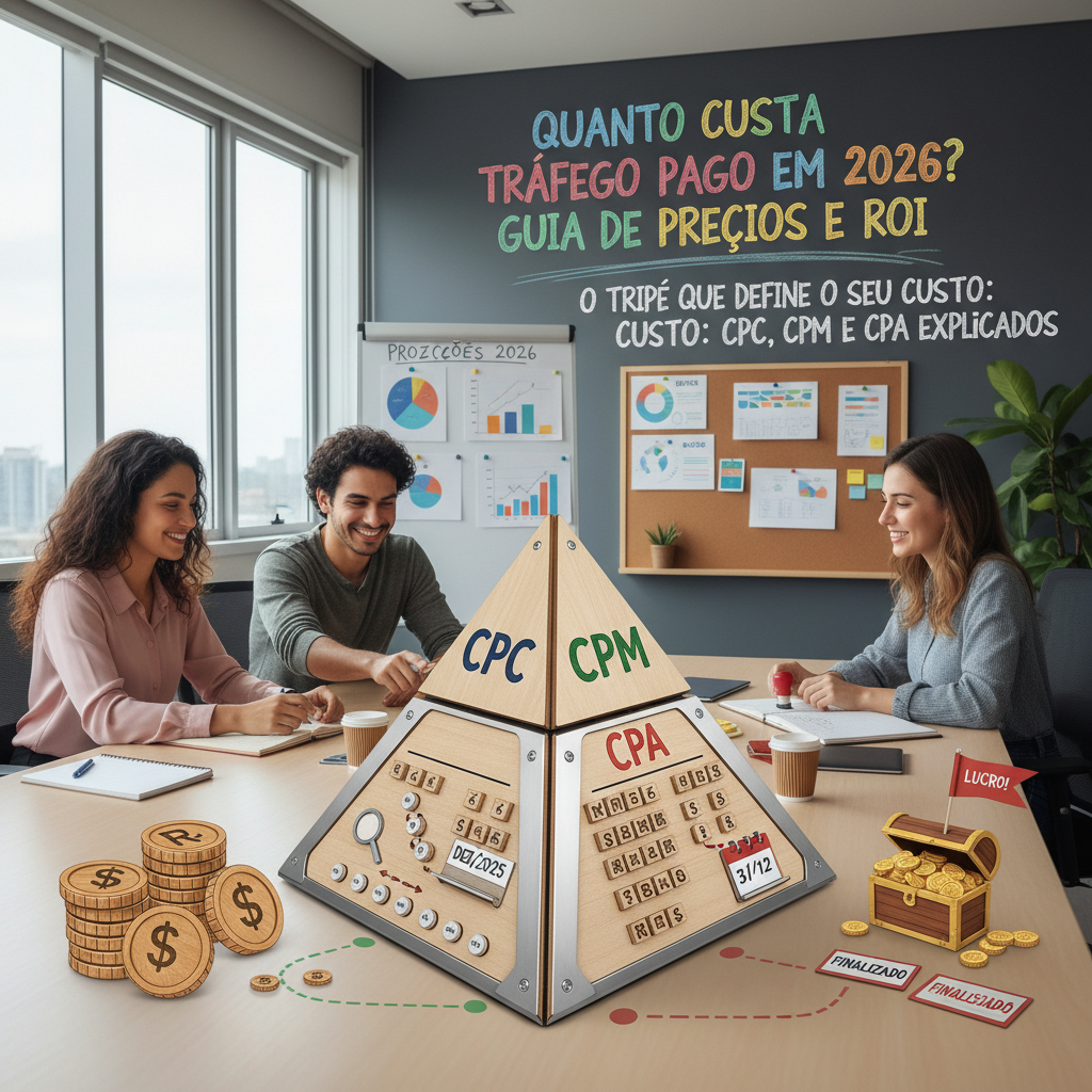Explicação técnica sobre CPC, CPM e CPA para entender quanto custa tráfego pago