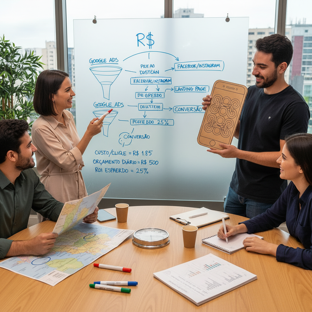Gestor de tráfego pago analisando métricas e otimizando campanhas de anúncios digitais