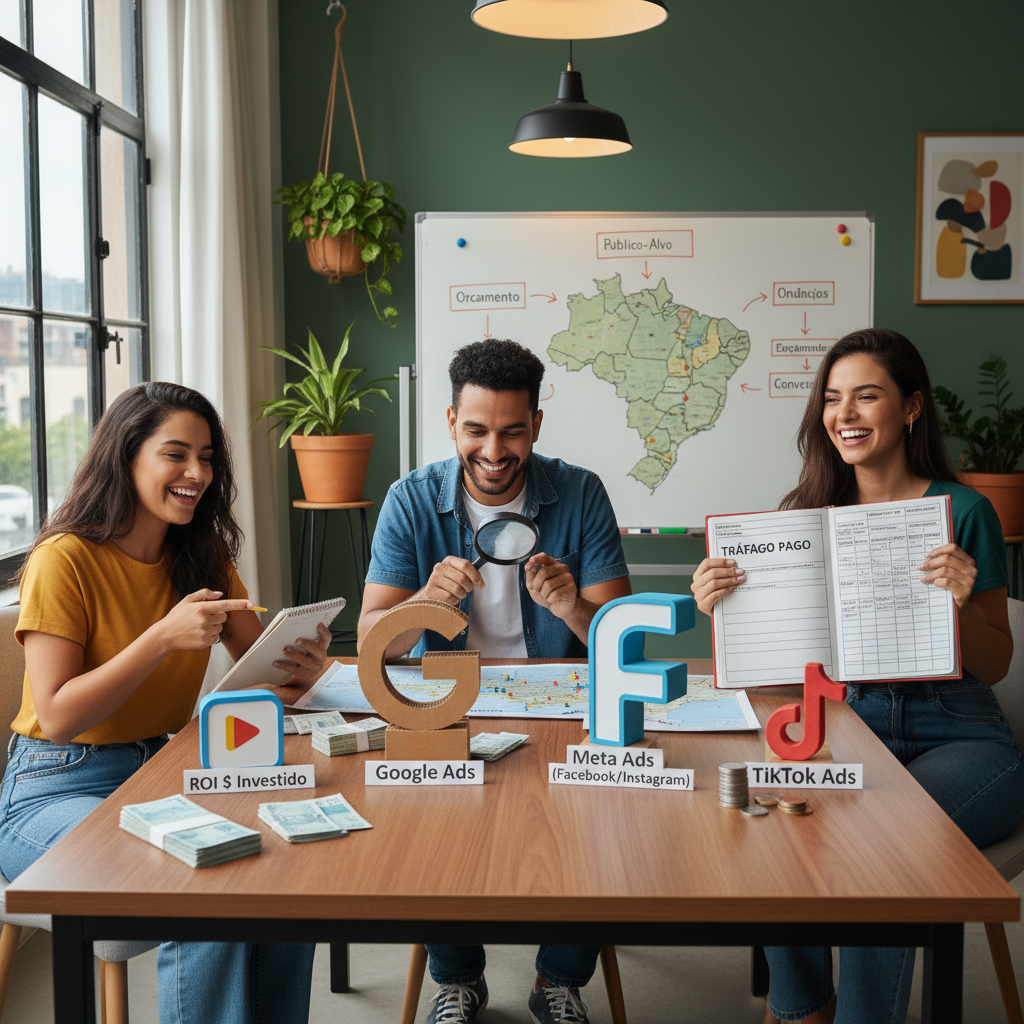 Principais plataformas de tráfego pago mostrando Google Ads, Facebook Ads, TikTok Ads e LinkedIn