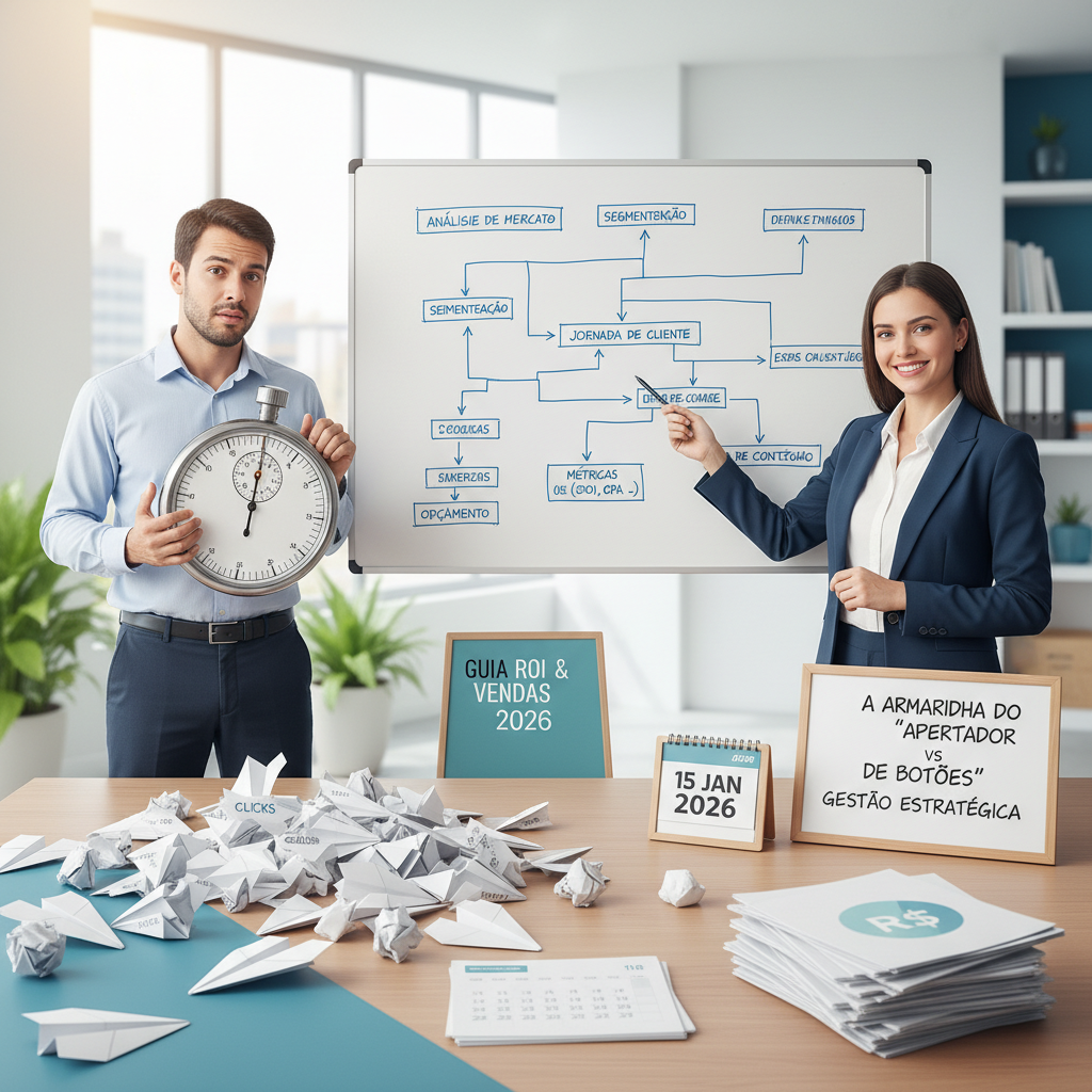 Diferença visual entre configuração técnica de anúncios e visão estratégica de marketing