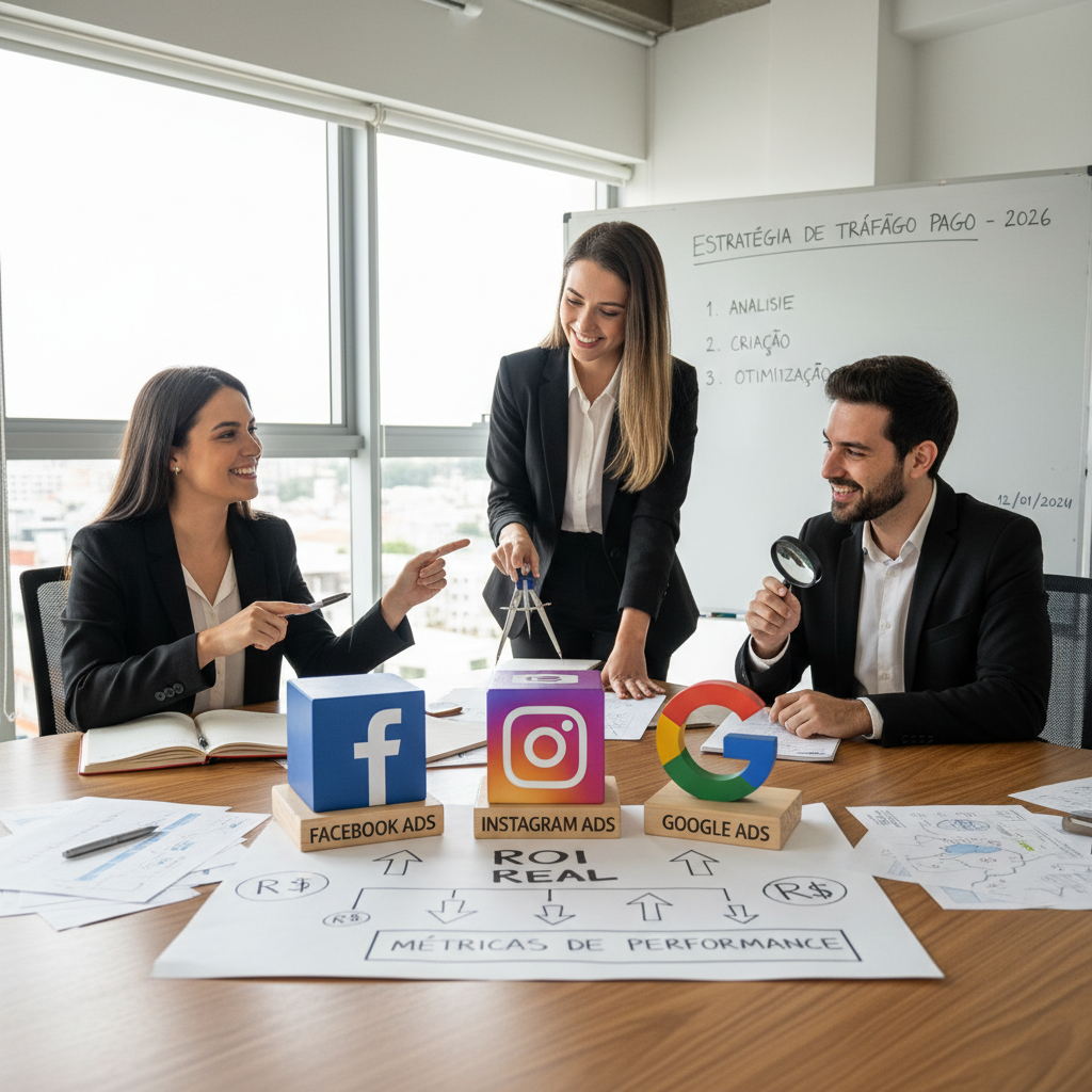 Logotipos do Facebook, Instagram e Google Ads representando a tríade de tráfego