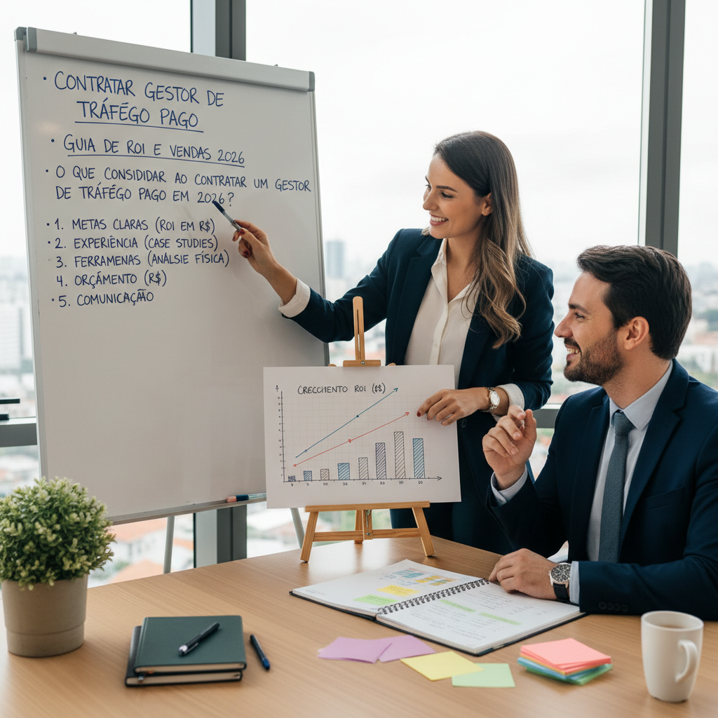 Estrategista de tráfego analisando dashboards de conversão e ROAS