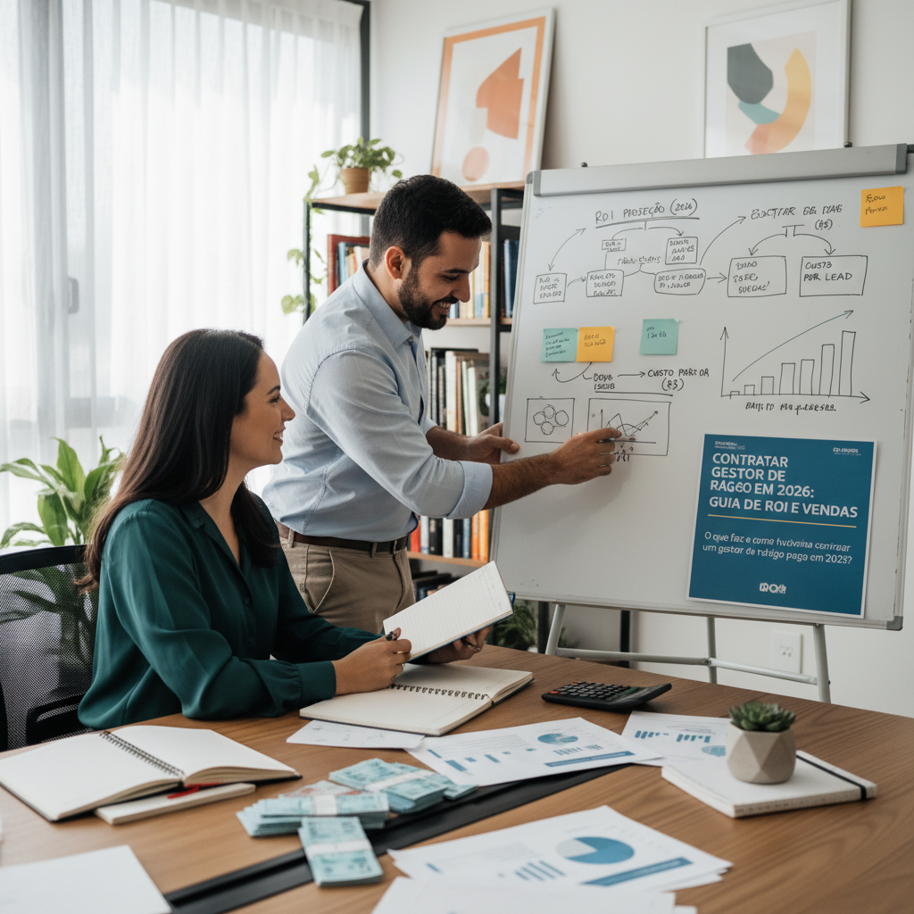 Estrategista de marketing digital analisando métricas de tráfego pago para contratar gestor de tráfego pago
