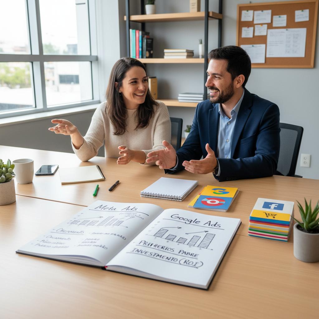 Comparativo visual entre Google Ads e Meta Ads para escolha de investimento