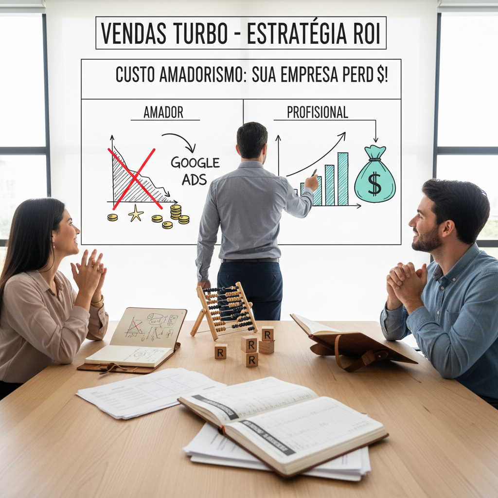 Empresário frustrado com o desperdício de orçamento em anúncios amadores do Google Ads