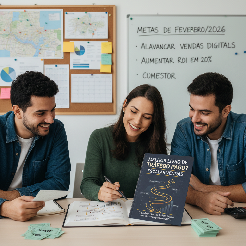 Livro de tráfego pago sendo usado como mapa estratégico para aumentar o ROI