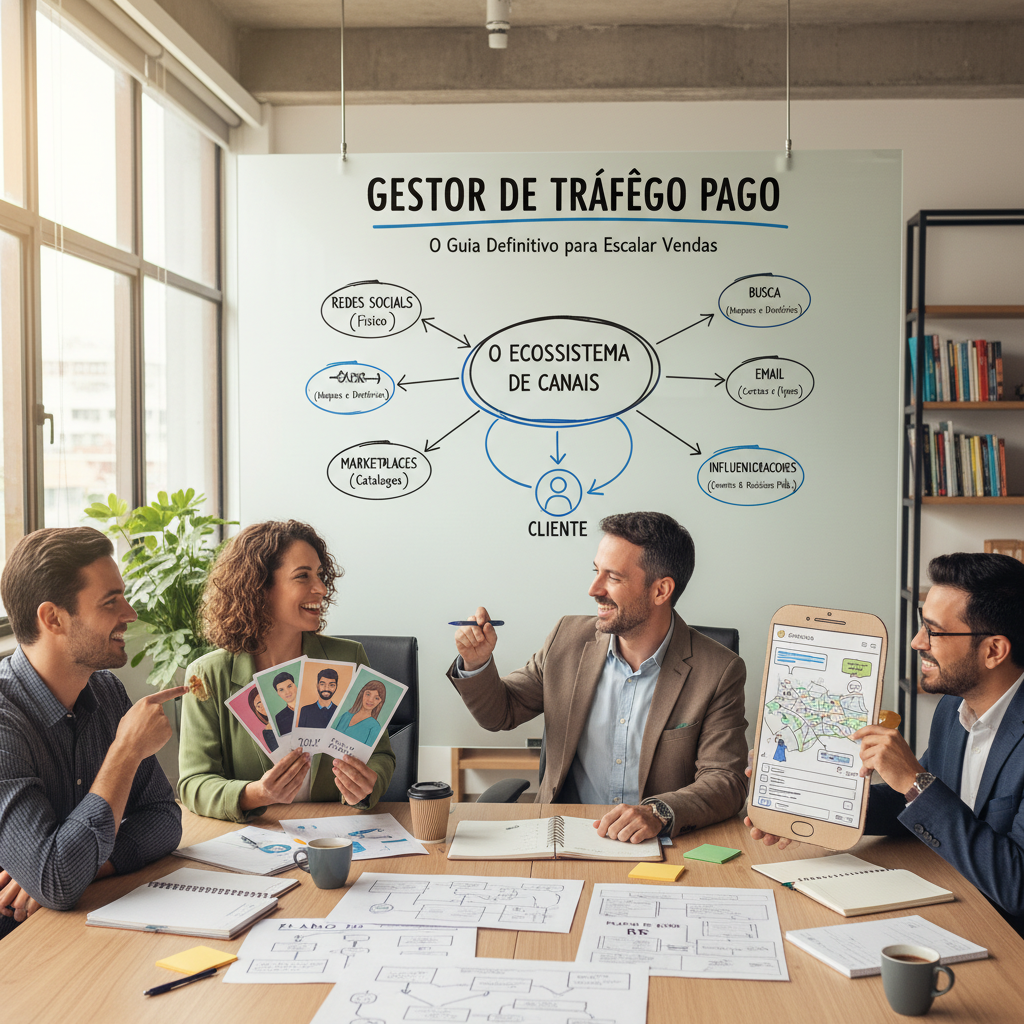 Ecossistema de canais de marketing digital incluindo Google Ads e Meta Ads