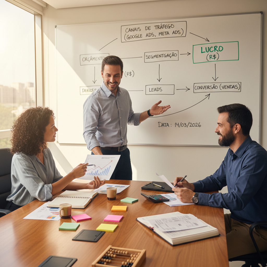 Gestor de tráfego analisando métricas de lucro e ROI em um painel digital